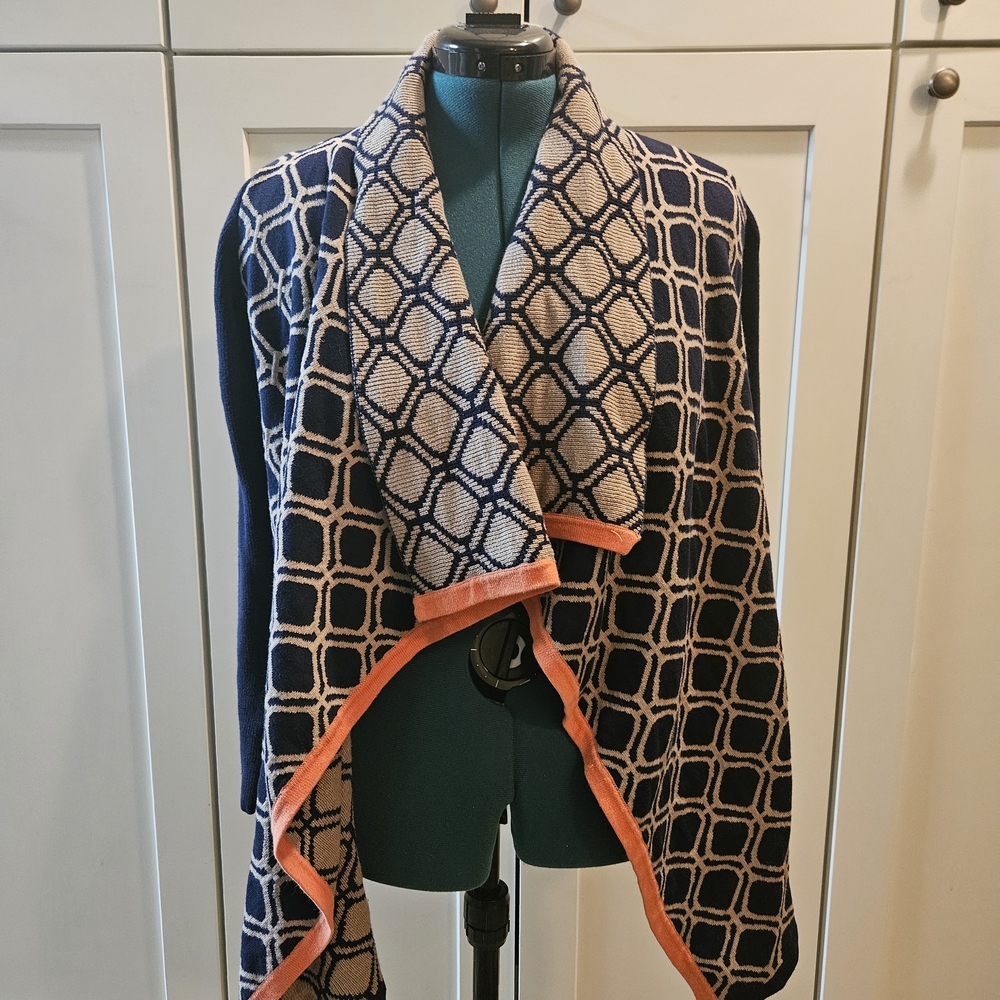 Navy And Cream Open Cardigan with Orange Trim